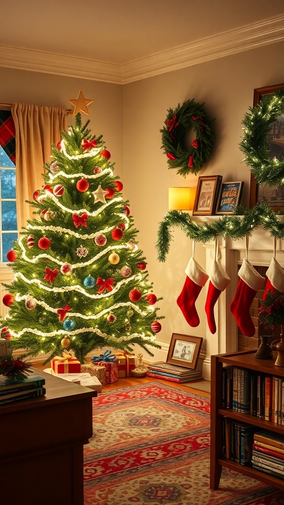 Classic Christmas Movie Quotes Cozy Christmas living room with a decorated tree and classic movie DVDs.